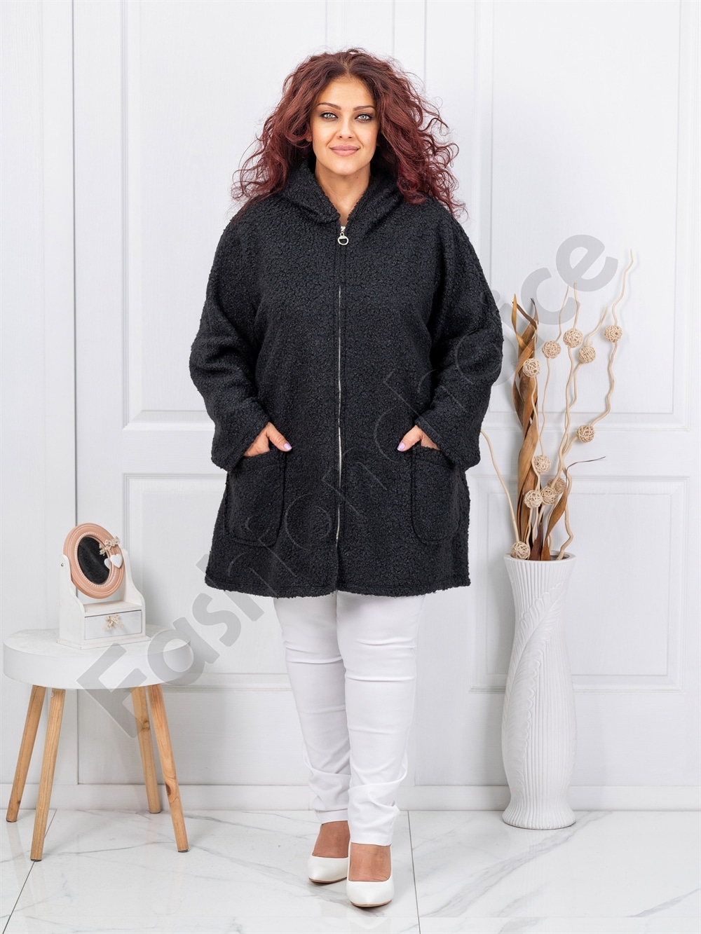 Plus size μπουκλέ ζακέτα με κουκούλα-μαύρο-κωδ 1854