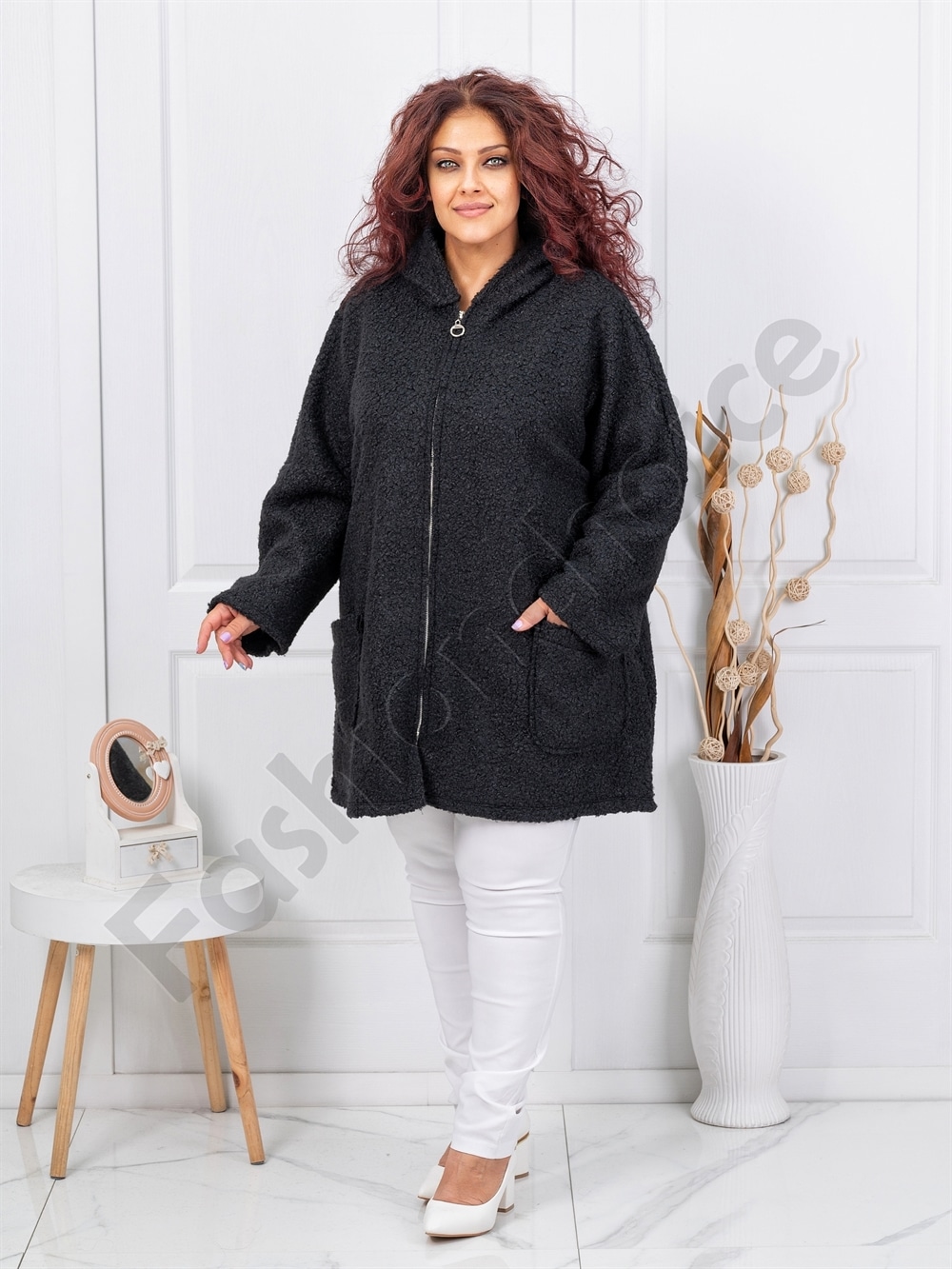 Plus size μπουκλέ ζακέτα με κουκούλα-μαύρο-κωδ 1854