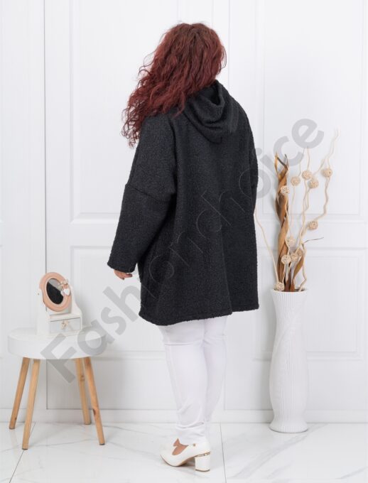 Plus size μπουκλέ ζακέτα με κουκούλα-μαύρο-κωδ 1854