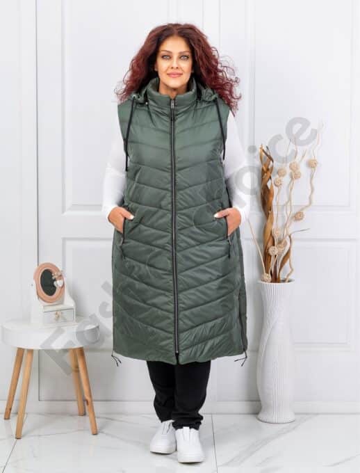 Plus size αμάνικο μπουφάν καπιτονέ μακρύ-χακί-κωδ 24048-3
