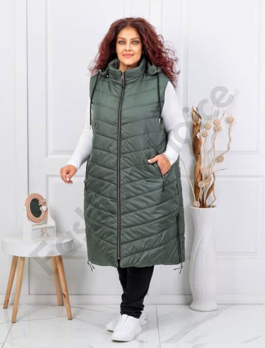 Plus size αμάνικο μπουφάν καπιτονέ μακρύ-χακί-κωδ 24048-3