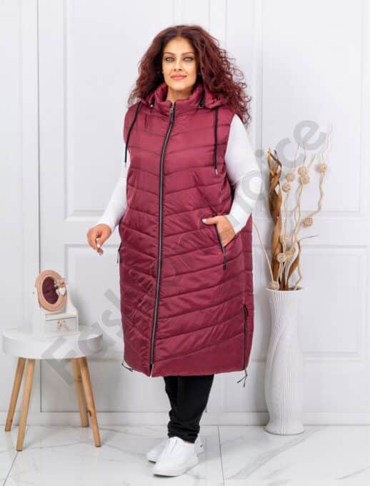 Plus size αμάνικο μπουφάν καπιτονέ μακρύ-μπορντό-κωδ 24048-1