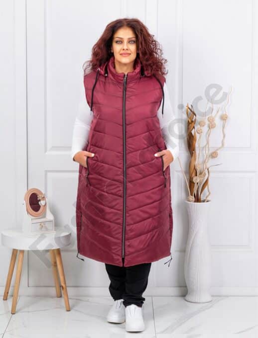 Plus size αμάνικο μπουφάν καπιτονέ μακρύ-μπορντό-κωδ 24048-1