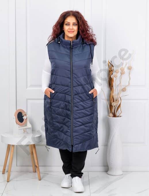 Plus size αμάνικο μπουφάν καπιτονέ μακρύ-μπλε σκούρο-κωδ 24048-2