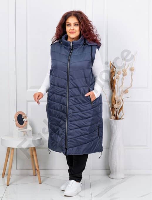 Plus size αμάνικο μπουφάν καπιτονέ μακρύ-μπλε σκούρο-κωδ 24048-2