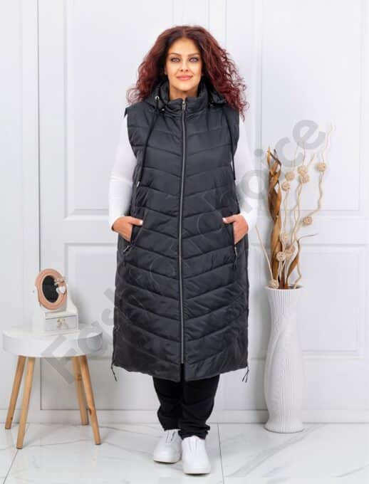 Plus size αμάνικο μπουφάν καπιτονέ μακρύ-μαύρο-κωδ 24048