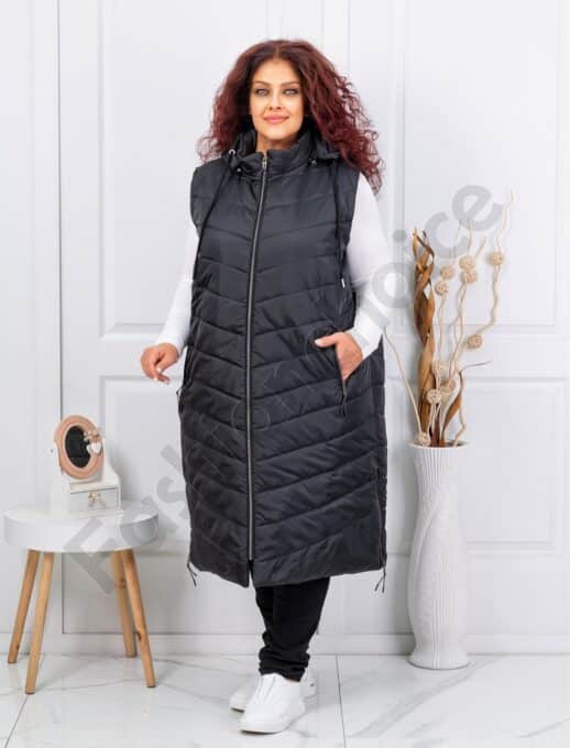 Plus size αμάνικο μπουφάν καπιτονέ μακρύ-μαύρο-κωδ 24048