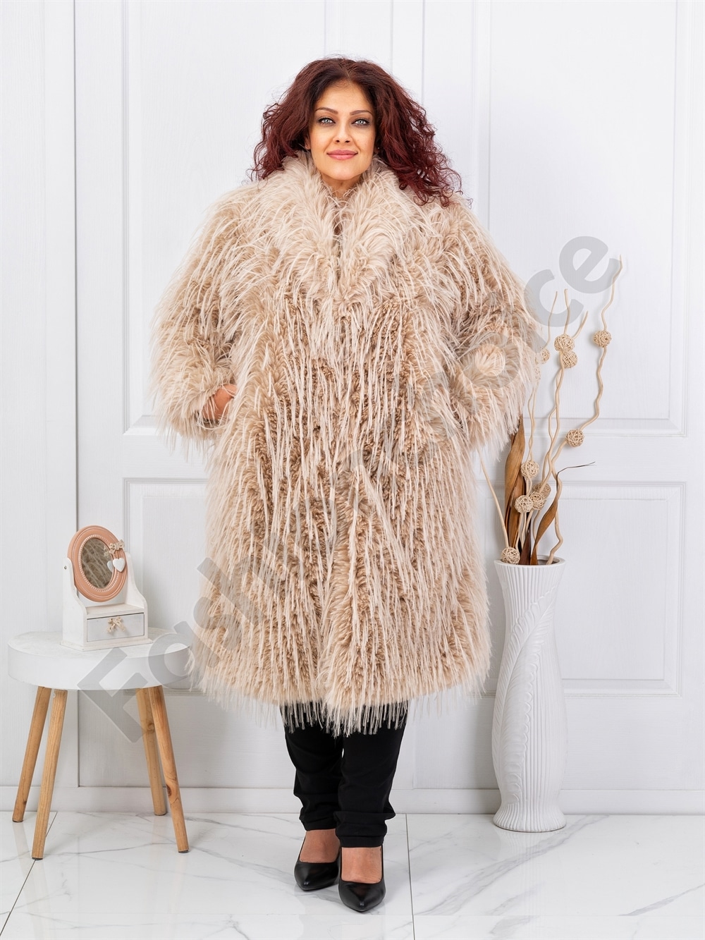 Plus size παλτό γούνα μακριά τρίχα-μπεζ-κωδ LT07-1