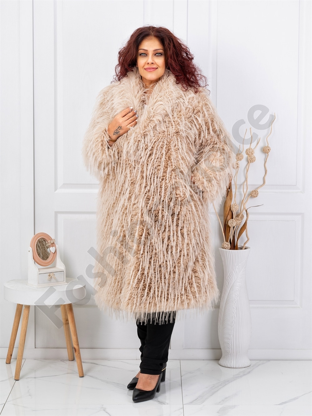 Plus size παλτό γούνα μακριά τρίχα-μπεζ-κωδ LT07-1