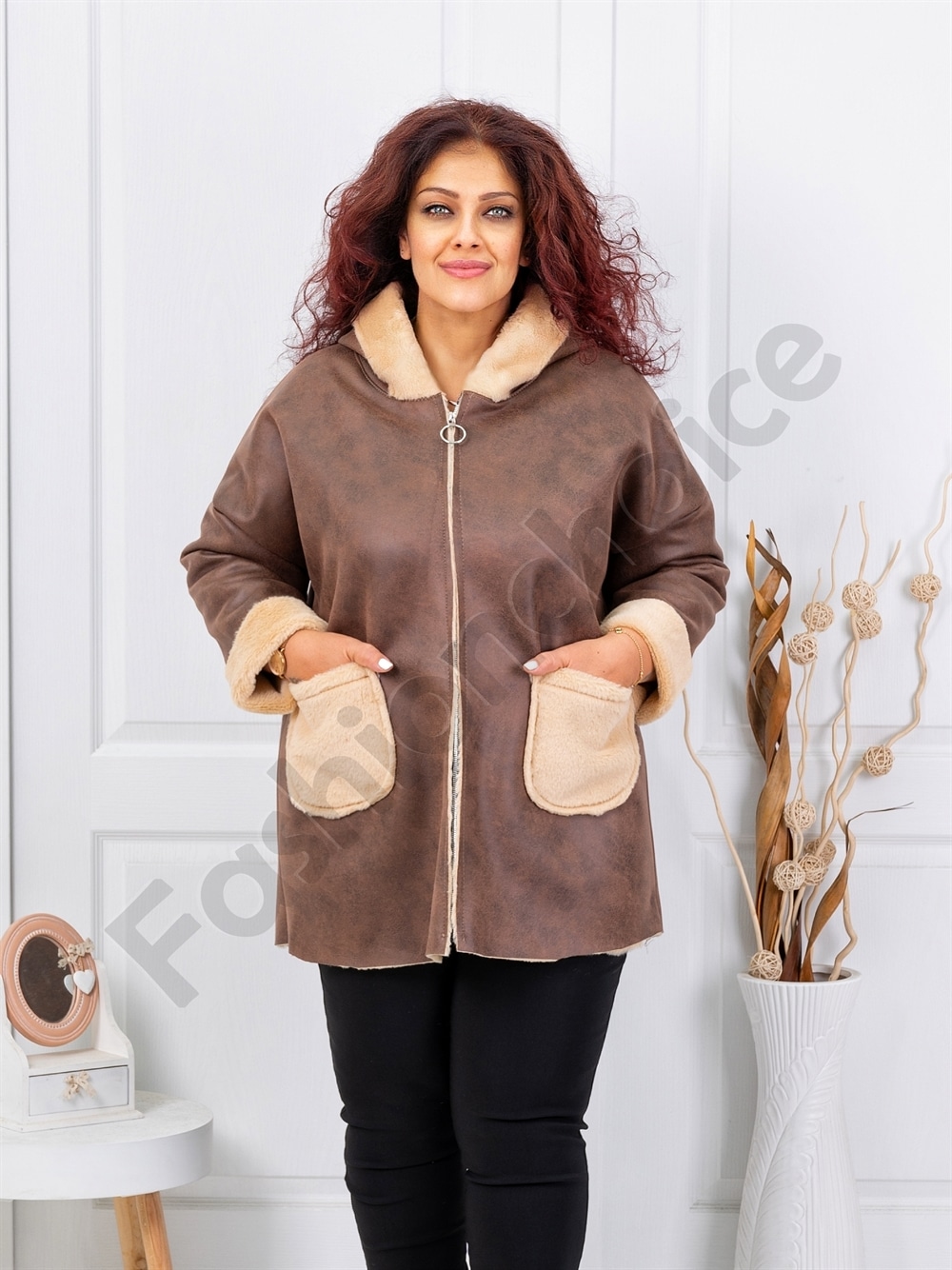 Plus size μπουφάν με εφέ σουέτ δέρματος και γούνα-μόκα-κωδ 1135-1