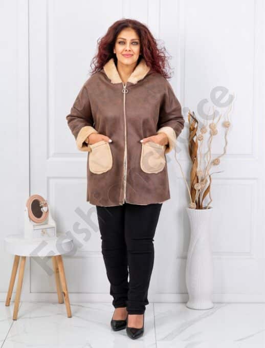 Plus size μπουφάν με εφέ σουέτ δέρματος και γούνα-μόκα-κωδ 1135-1