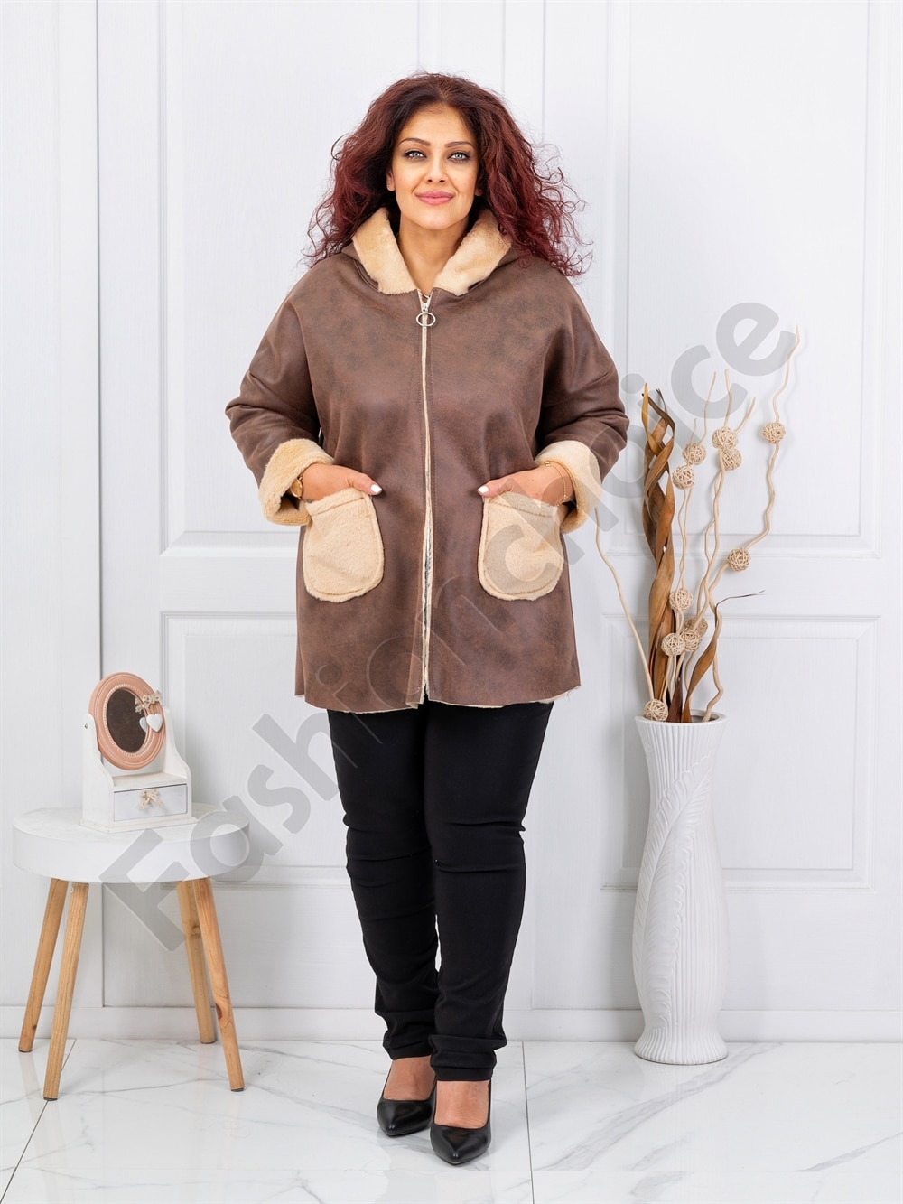 Plus size μπουφάν με εφέ σουέτ δέρματος και γούνα-μόκα-κωδ 1135-1