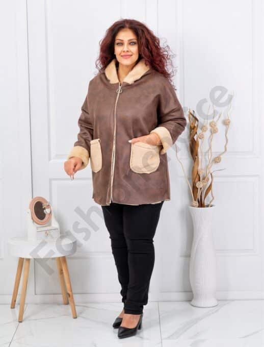 Plus size μπουφάν με εφέ σουέτ δέρματος και γούνα-μόκα-κωδ 1135-1