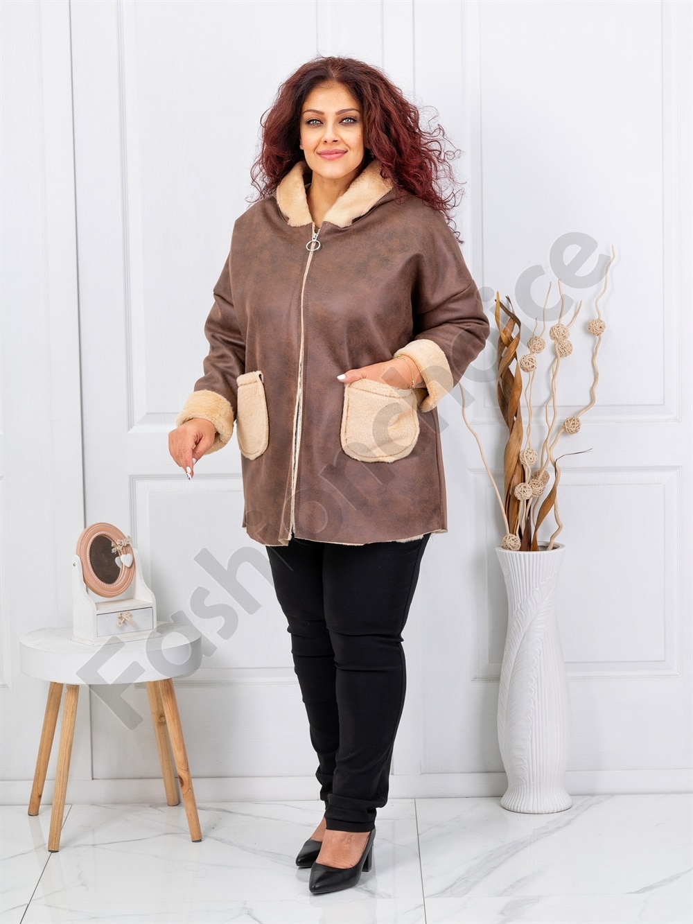 Plus size μπουφάν με εφέ σουέτ δέρματος και γούνα-μόκα-κωδ 1135-1