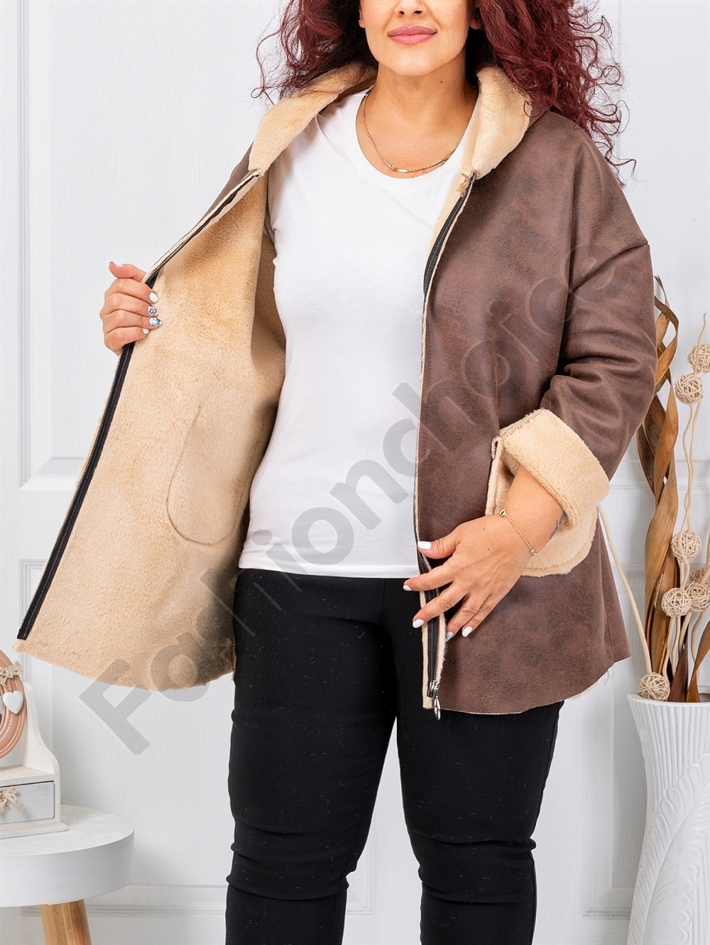 Plus size μπουφάν με εφέ σουέτ δέρματος και γούνα-μόκα-κωδ 1135-1
