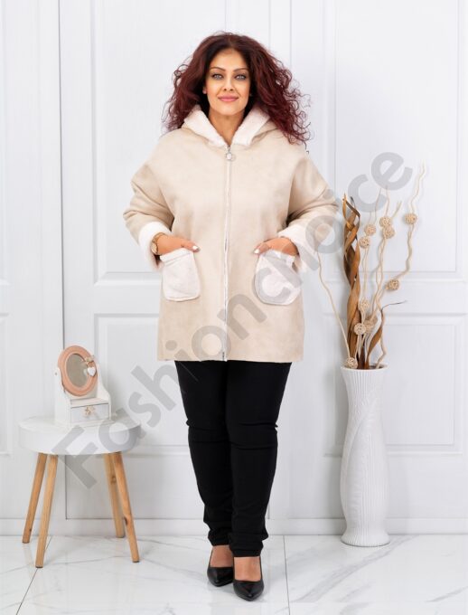 Plus size μπουφάν με εφέ σουέτ δέρματος και γούνα-εκρού-κωδ 1135-3