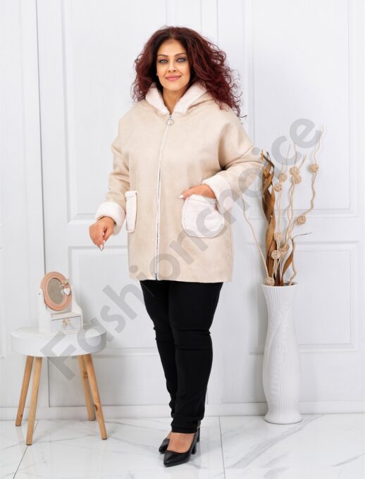 Plus size μπουφάν με εφέ σουέτ δέρματος και γούνα-εκρού-κωδ 1135-3