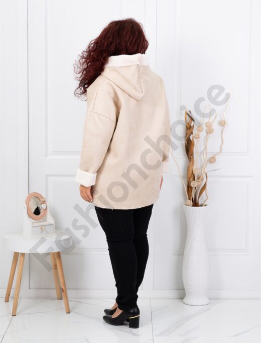 Plus size μπουφάν με εφέ σουέτ δέρματος και γούνα-εκρού-κωδ 1135-3