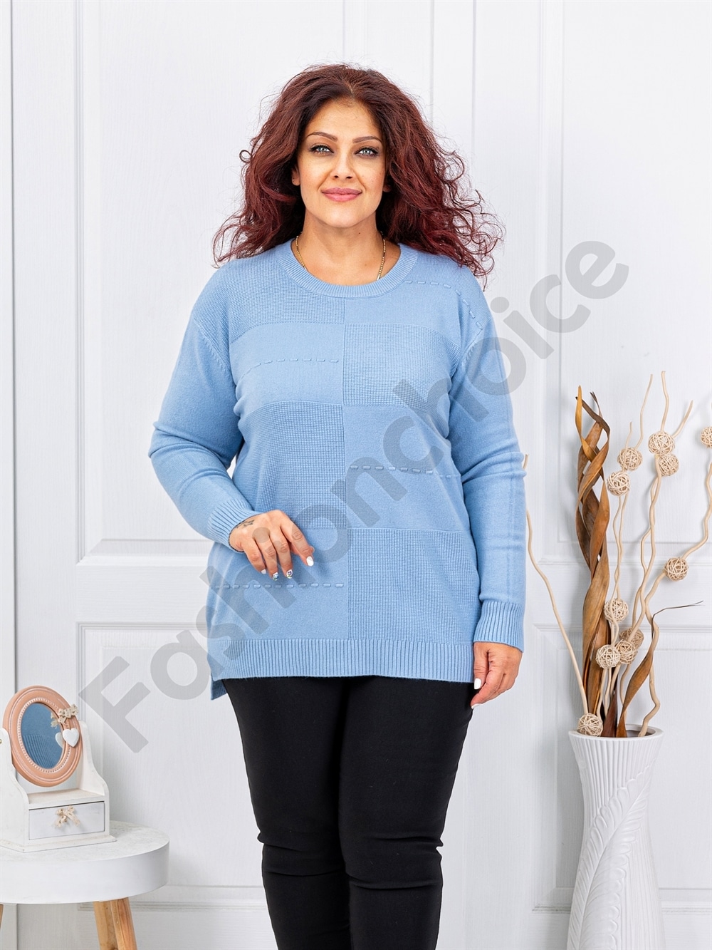 Plus size μπλούζα ψιλή πλέξη-γαλάζιο-κωδ 21003-4