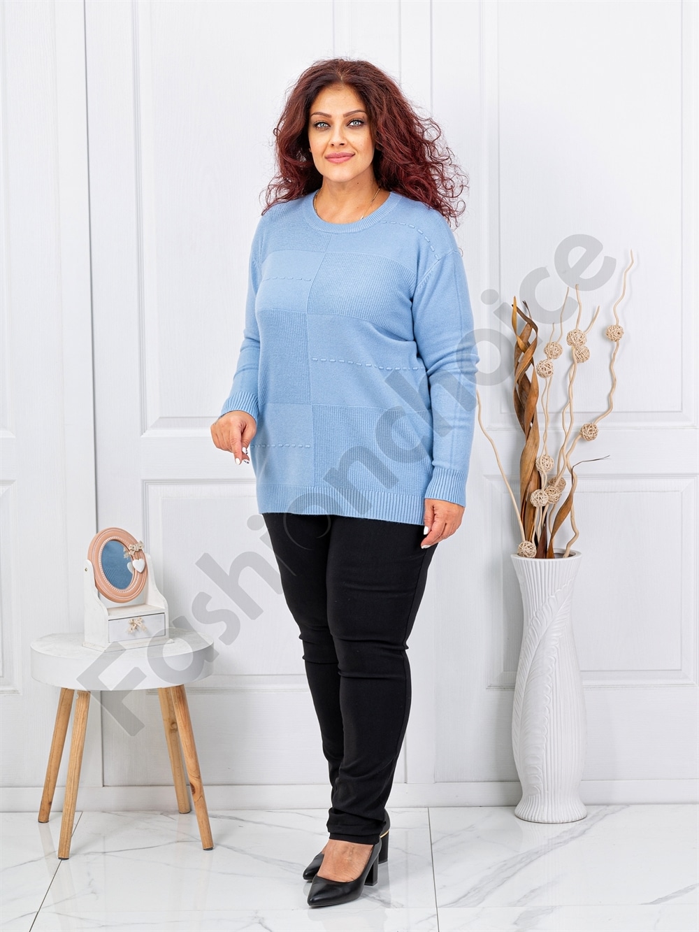 Plus size μπλούζα ψιλή πλέξη-γαλάζιο-κωδ 21003-4