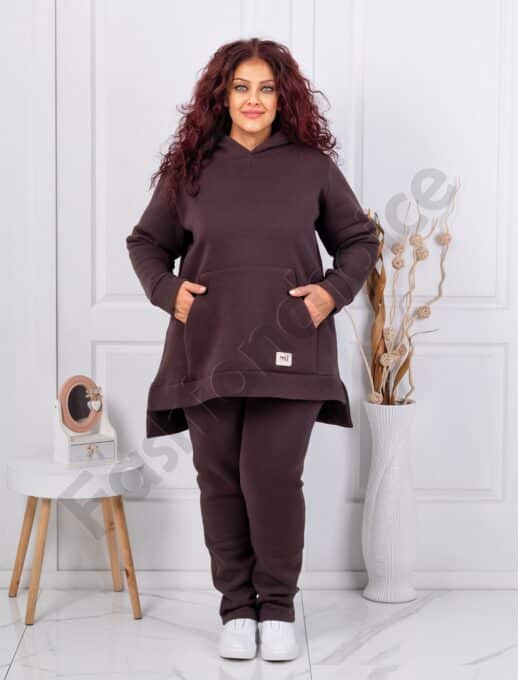 Plus size σετ φόρμα με φούτερ-καφέ-κωδ 1470-3
