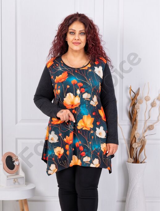 Plus size ανκορά τουνίκ φλοράλ-πορτοκαλί/εκρού-κωδ 25126-1