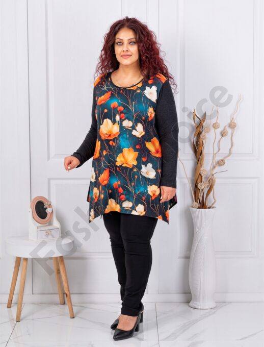 Plus size ανκορά τουνίκ φλοράλ-πορτοκαλί/εκρού-κωδ 25126-1