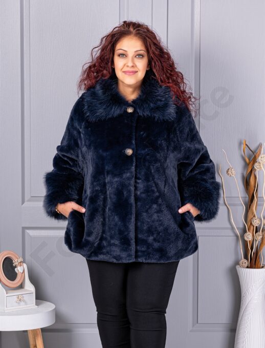 Plus size γούνινο παλτό με γιακά-μπλε σκούρο-κωδ 230129-8