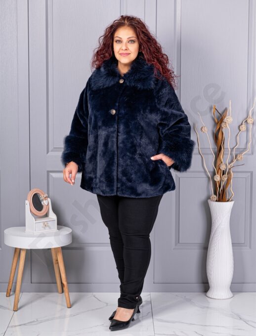 Plus size γούνινο παλτό με γιακά-μπλε σκούρο-κωδ 230129-8