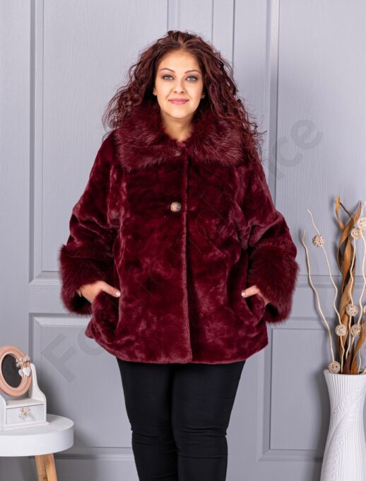 Plus size γούνινο παλτό με γιακά-μπορντό-κωδ 230129-2
