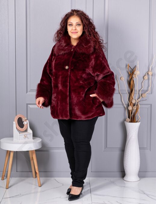 Plus size γούνινο παλτό με γιακά-μπορντό-κωδ 230129-2
