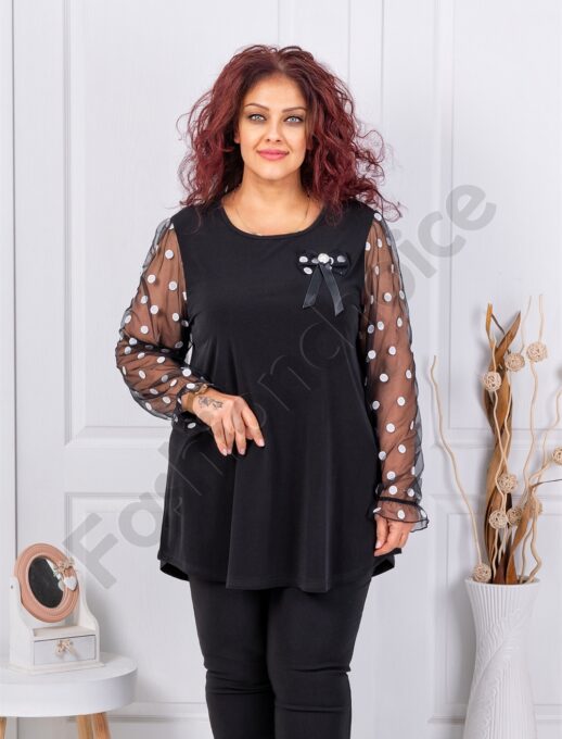 Plus size μπλούζα με διάφανα μανίκια-λευκά πουά-κωδ 22062-1