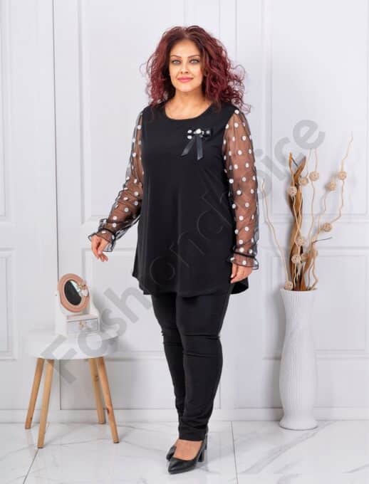 Plus size μπλούζα με διάφανα μανίκια-λευκά πουά-κωδ 22062-1