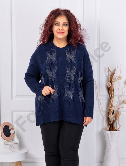 Plus size πλεκτή μπλούζα με στρας-μπλε σκούρο-κωδ 85708-1