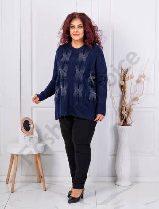 Plus size πλεκτή μπλούζα με στρας-μπλε σκούρο-κωδ 85708-1