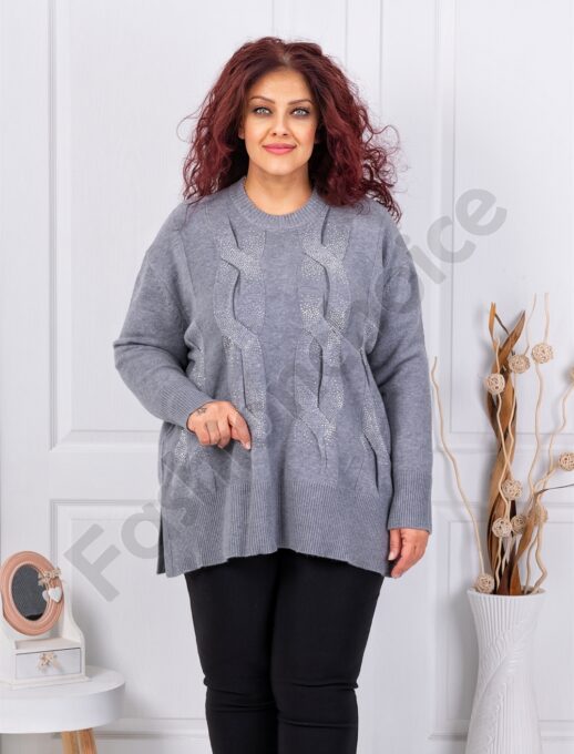 Plus size πλεκτή μπλούζα με στρας-γκρι-κωδ 85708