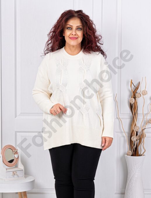 Plus size πλεκτή μπλούζα με στρας-εκρού-κωδ 85708-3