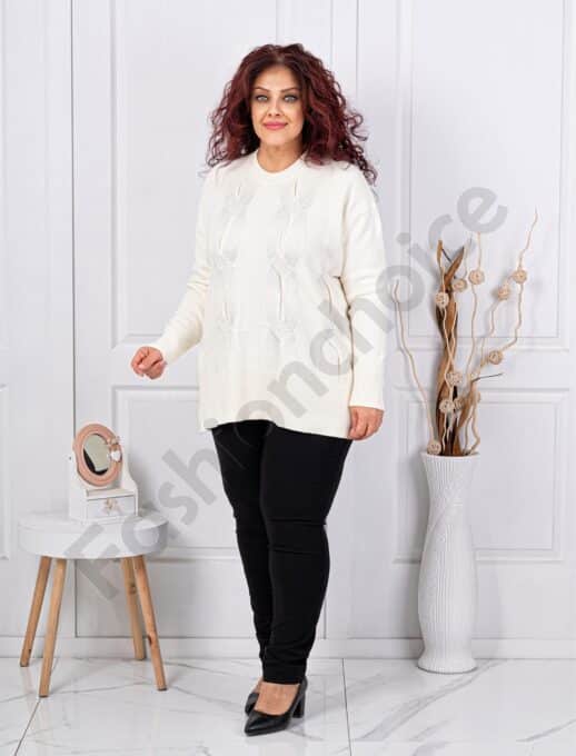 Plus size πλεκτή μπλούζα με στρας-εκρού-κωδ 85708-3