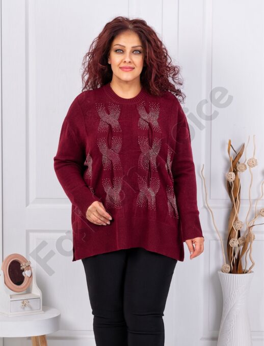 Plus size πλεκτή μπλούζα με στρας-μπορντό-κωδ 85708-2
