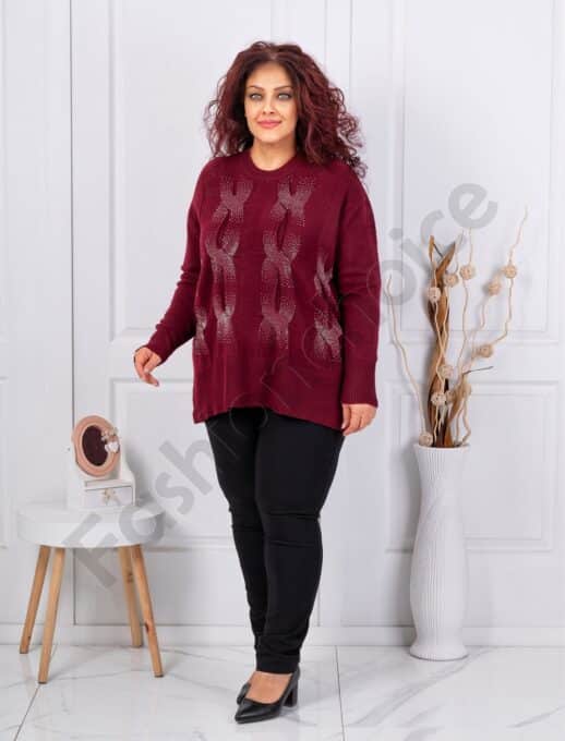 Plus size πλεκτή μπλούζα με στρας-μπορντό-κωδ 85708-2
