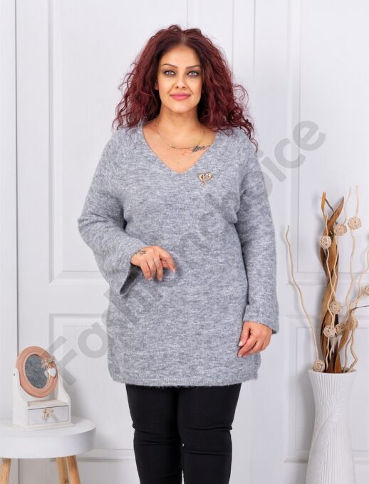 Plus size πουλόβερ μακρύ V λαιμόκοψη-γκρι-κωδ 635-5