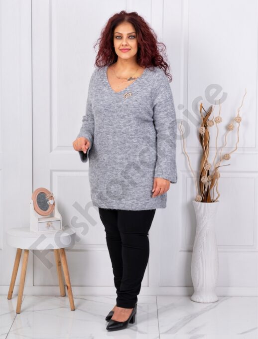 Plus size πουλόβερ μακρύ V λαιμόκοψη-γκρι-κωδ 635-5
