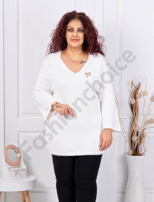 Plus size πουλόβερ μακρύ V λαιμόκοψη-λευκό-κωδ 635-2