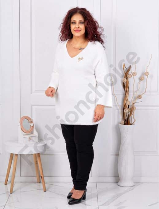 Plus size πουλόβερ μακρύ V λαιμόκοψη-λευκό-κωδ 635-2