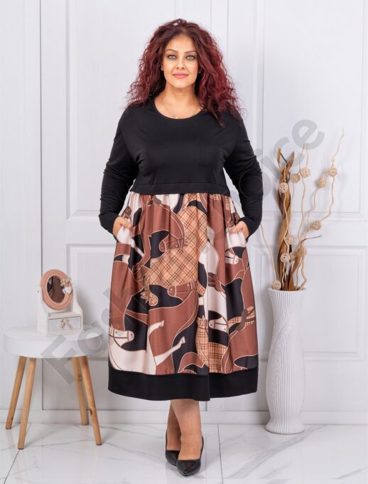 Plus size φόρεμα με μετάξι Art ντεσέν-καφέ-κωδ 5047-5