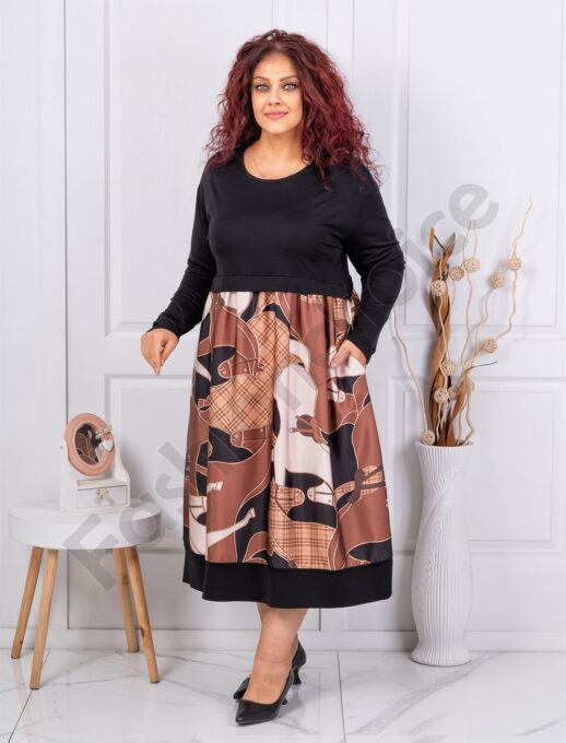 Plus size φόρεμα με μετάξι Art ντεσέν-καφέ-κωδ 5047-5