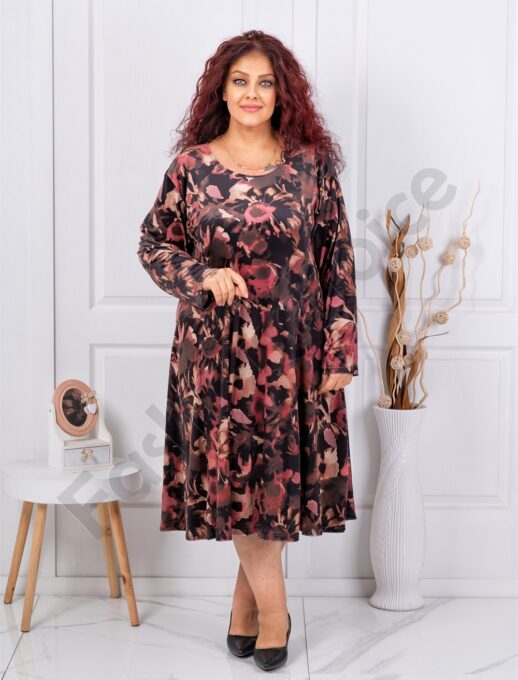 Plus size φόρεμα με βελούδινη υφή-καφέ/μπορντό-κωδ 64241