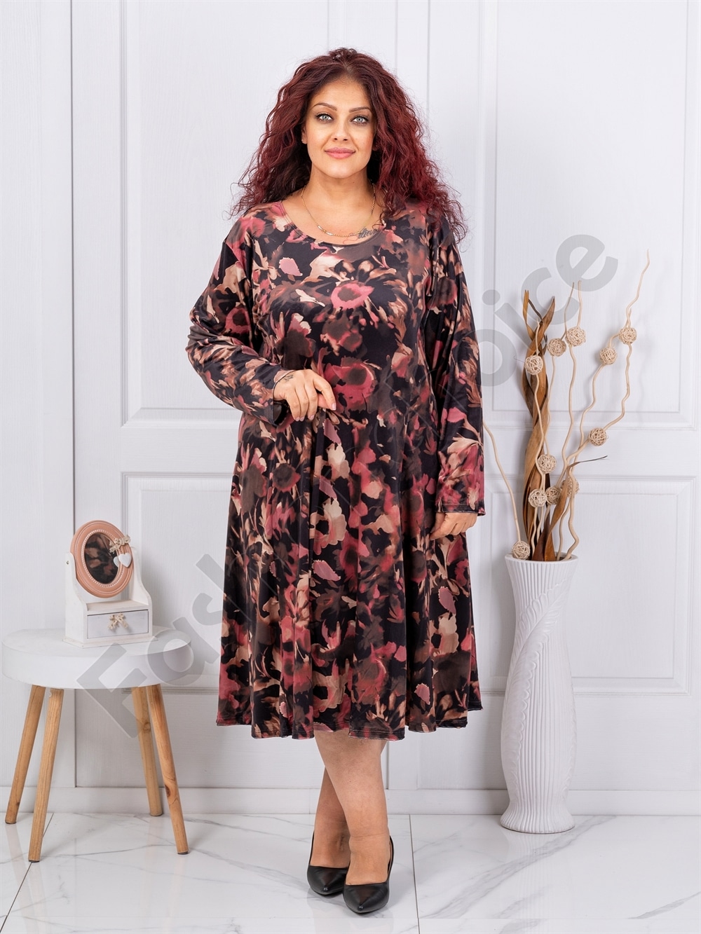 Plus size φόρεμα με βελούδινη υφή-καφέ/μπορντό-κωδ 64241