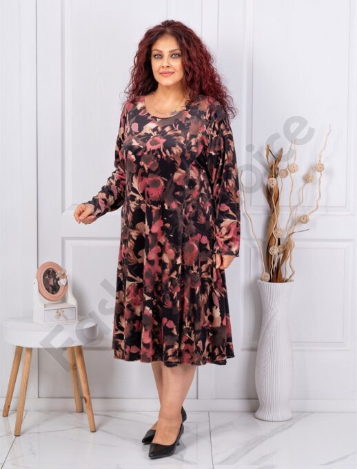 Plus size φόρεμα με βελούδινη υφή-καφέ/μπορντό-κωδ 64241