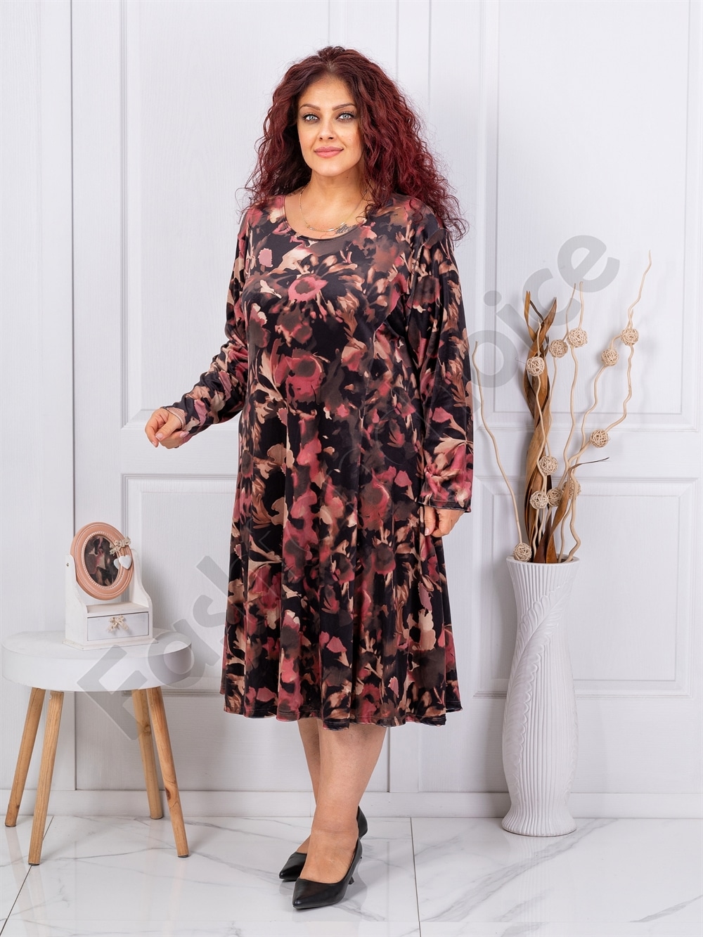 Plus size φόρεμα με βελούδινη υφή-καφέ/μπορντό-κωδ 64241
